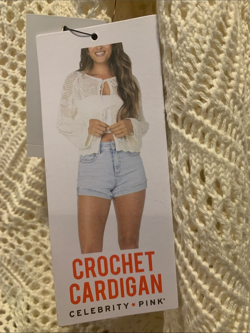 Celebrity Pink Open Crochet Tie-Front Cardigan in Cream - Picture 2 of 5